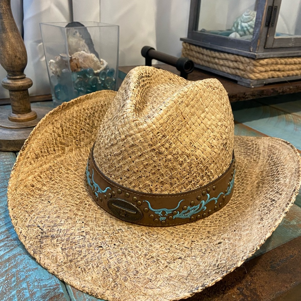 Straw Cowboy Hat with Turquoise Accents
